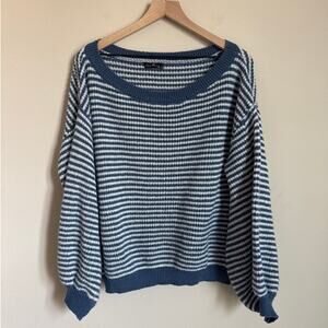 Emery Rose Women Blue Stripe Knit Bell Sleeve Longsleeve Crew Sweater Size Large